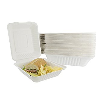 Houseables Takeout Containers, To Go Box, Restaurant Take Out Food Container, 100 Pack, White, 8x8 Inch, 100% Disposable, Clamshell, Biodegradable Boxes, Microwavable Supplies, Eco Friendly