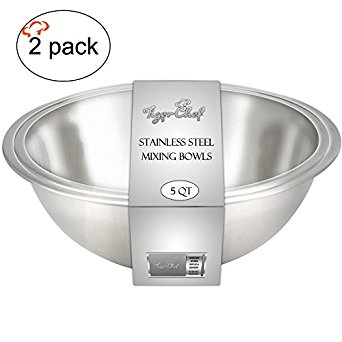 TigerChef TC-20474 Heavy Duty Mixing Bowls for Home and Commercial Use, Best Prep Bowls for Cake Mixtures, Doughs, Salads, Pastas, Dressings, Stainless Steel, 5 Quart (Pack of 2)