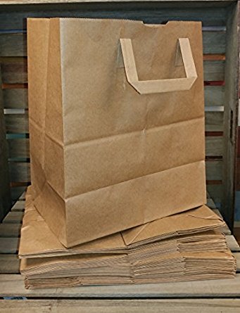 50 count Paper Retail Short Grocery Bags Kraft with Handles 12x7x14 by AJM