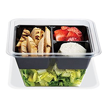 PLACON Fresh‘n Clear GOCUBES Set: 24 oz Clear Plastic Container with 3-Compartment Black Insert Tray and Clear Lid, (50 SETS), PET Material