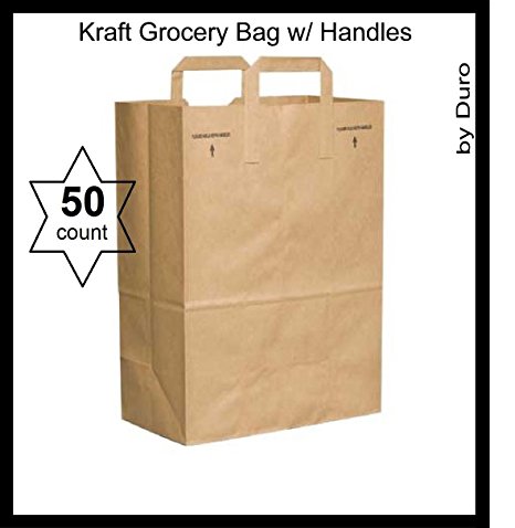 50 Paper Retail Grocery Bags Kraft with Handles 12x7x17 by Duro