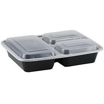 Simply Deliver Rectangular 3-Compartment Container with Lid, Microwavable, Black, 150-Count