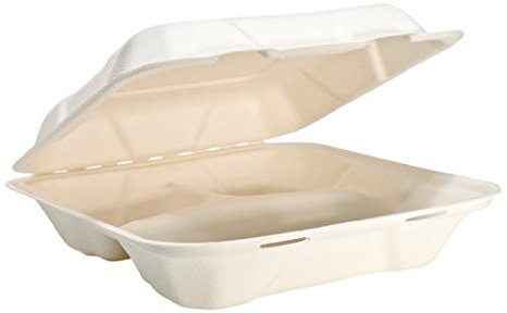 IFN Green 29-2013 Compostable Green Bagasse Fiber Shallow Clamshell with 3 Compartment, 8