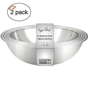 TigerChef TC-20466 Heavy Duty Mixing Bowls for Home and Commercial Use, Best Prep Bowls for Cake Mixtures, Doughs, Salads, Pastas, Dressings, Stainless Steel, 16 Quart (Pack of 2)