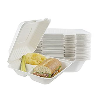 Houseables Take Out Food Containers, Takeout Clamshell Container, 100 Pack, White, 8x8 Inch, 3 Compartments,100% Disposable, Food Boxes To Go, Biodegradable Box, Restaurant Supplies, Microwavable