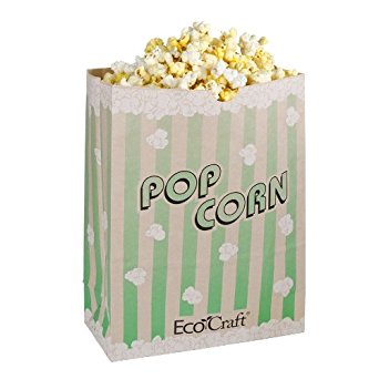 Bagcraft Papercon 300613 EcoCraft Theater Popcorn Bag with Green Stripe Design, 130 oz Capacity, 9-1/4