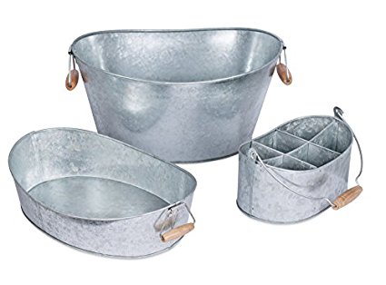 BirdRock Home Galvanized Beverage Tub, Caddy and Tray Set | 3 Piece | Party Tray Platter Drink Holder | Silverware Caddy | Wooden Handles