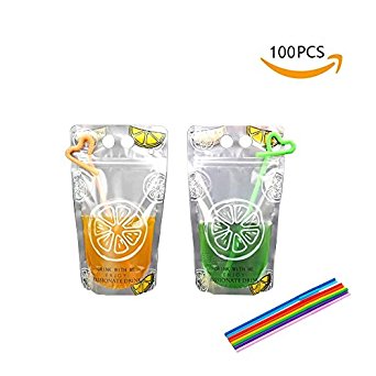 100pcs Hand-held Translucent Reclosable Zipper Stand-up Plastic Drink Pouches Bags 2.4 Inch Bottom Gusset with 100 Straws