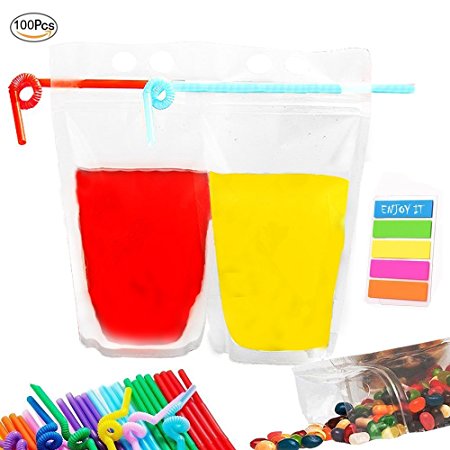 Take-out Beverage Bags 100 PCS | Plastic Drink Pouches Bags | Frosted Zipper Stand-up Reclosable Heat-proof Bag | Hand-held Containers for Rum, Snack, Water, Wine