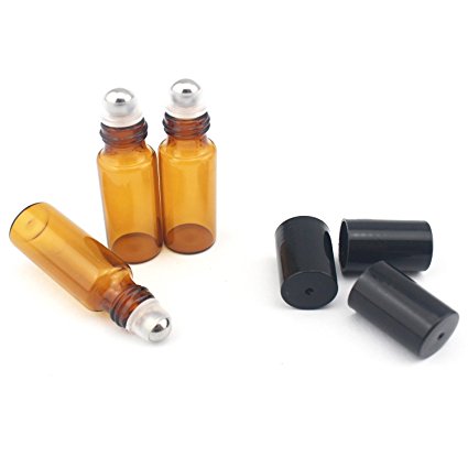 TOPWEL 50pcs 3 Ml Refillable Amber Glass Roller Bottles with Balls and Black Caps (50)