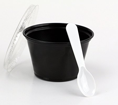 Disposable Black 4oz Plastic Condiment Cups with Lids and 3