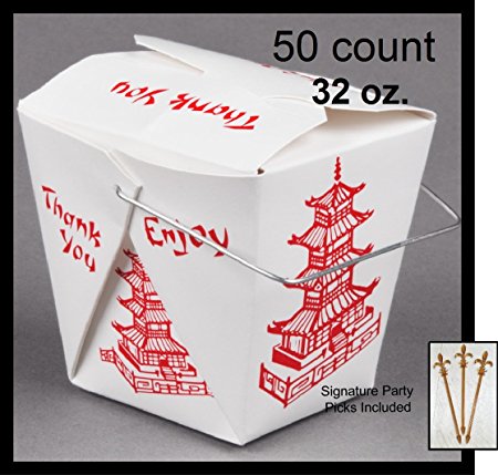 50 count 32 oz. PAGODA Wire Handle Chinese Take Out Box w/ Signature Party Picks