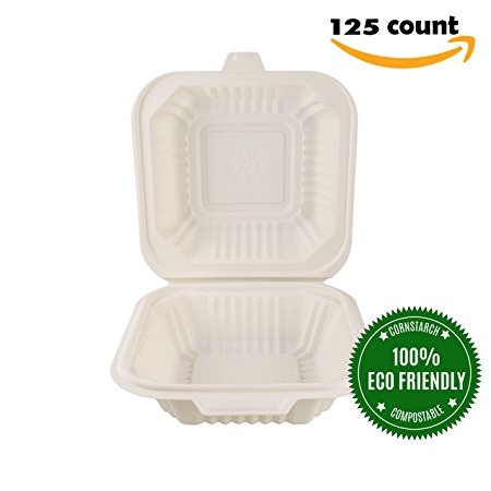 Food Containers by HeloGreen | Takeout To-Go Containers - Hinged Compostable Cornstarch Microwaveable - Save the Earth, Eco-Friendly - 6